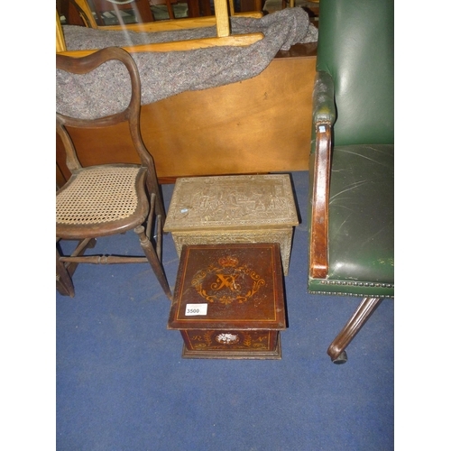 3500 - An embossed brass coal box with a lift lid and an inlaid box with a lift lid