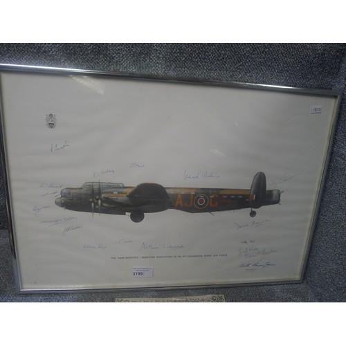 3199 - Rare Dambusters signatures  - A vintage framed Keith Broomfield Lancaster RAF Museum Appeal print si... 