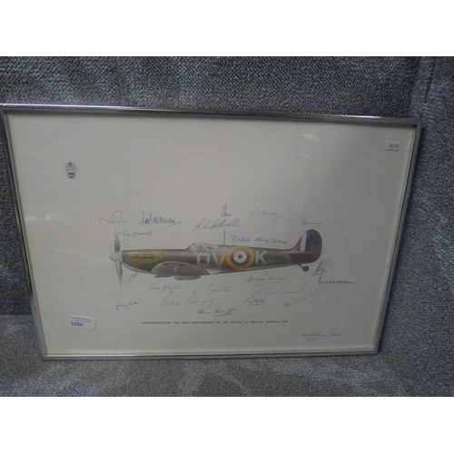 3200 - A vintage framed Keith Broomfield Spitfire multi signed RAF Museum Appeal print commemorating the 40... 