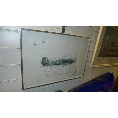 3201 - A vintage framed Keith Broomfield Hurricane multi signed RAF Museum Appeal print commemorating the 4... 