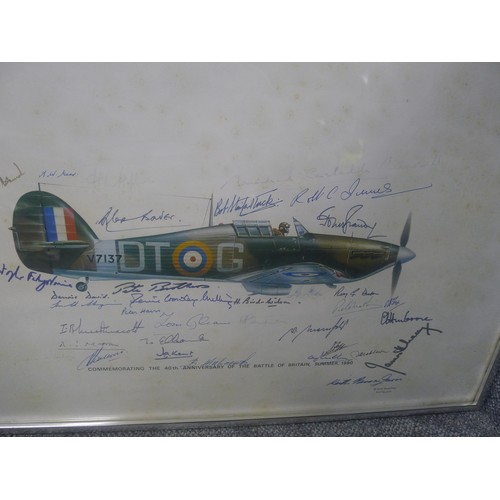 3201 - A vintage framed Keith Broomfield Hurricane multi signed RAF Museum Appeal print commemorating the 4... 