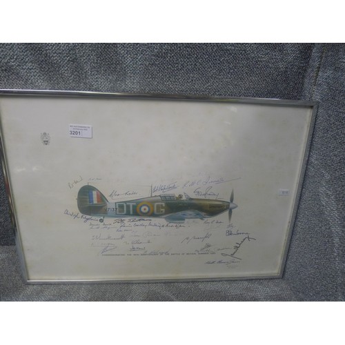 3201 - A vintage framed Keith Broomfield Hurricane multi signed RAF Museum Appeal print commemorating the 4... 