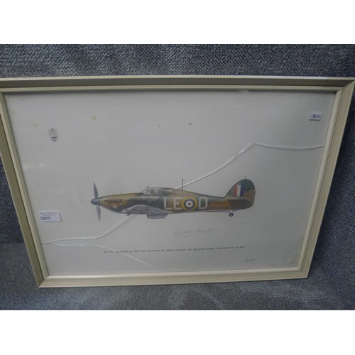 3205 - A vintage framed Keith Broomfield RAF Museum Appeal print signed in ink by Group Captain Sir Douglas... 