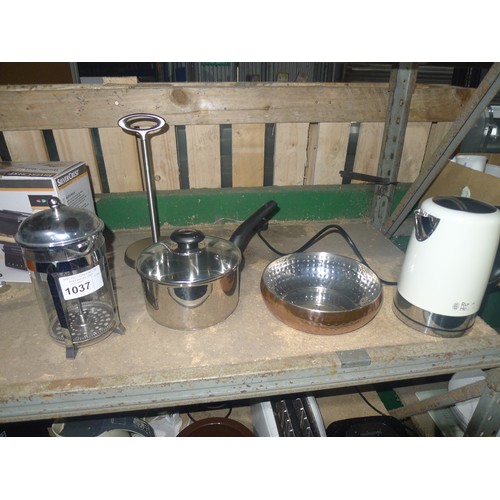 1037 - An unstamped orange (le creuset?) frying pan, a set of scales, kettle, cafetiere, saucepan etc. Cont... 
