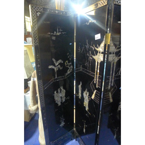 3462 - A Japanese lacquered 4-fold draught screen with figured mother-of-pearl decoration