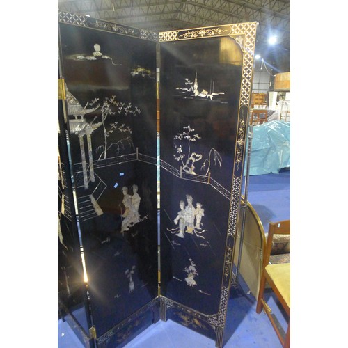 3462 - A Japanese lacquered 4-fold draught screen with figured mother-of-pearl decoration