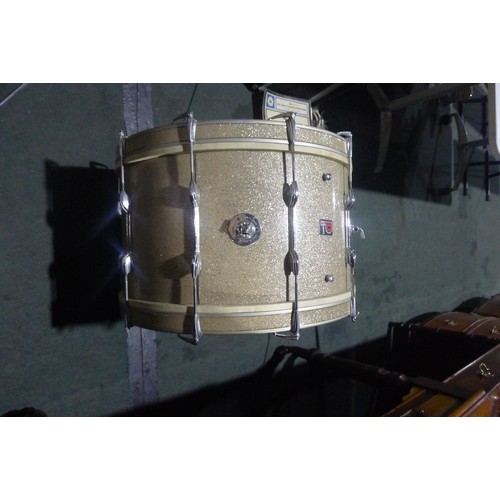 3090 - A partial drum kit with bass drum, three smaller drums, cymbals, stands and stool etc