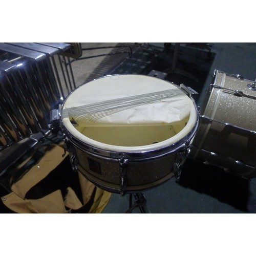 3090 - A partial drum kit with bass drum, three smaller drums, cymbals, stands and stool etc