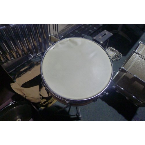 3090 - A partial drum kit with bass drum, three smaller drums, cymbals, stands and stool etc