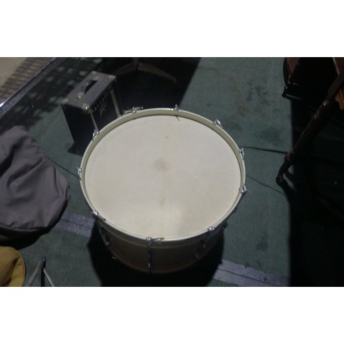 3090 - A partial drum kit with bass drum, three smaller drums, cymbals, stands and stool etc