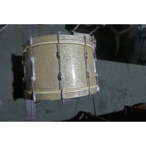 3090 - A partial drum kit with bass drum, three smaller drums, cymbals, stands and stool etc