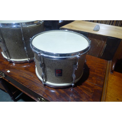 3090 - A partial drum kit with bass drum, three smaller drums, cymbals, stands and stool etc