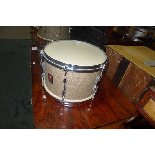 3090 - A partial drum kit with bass drum, three smaller drums, cymbals, stands and stool etc