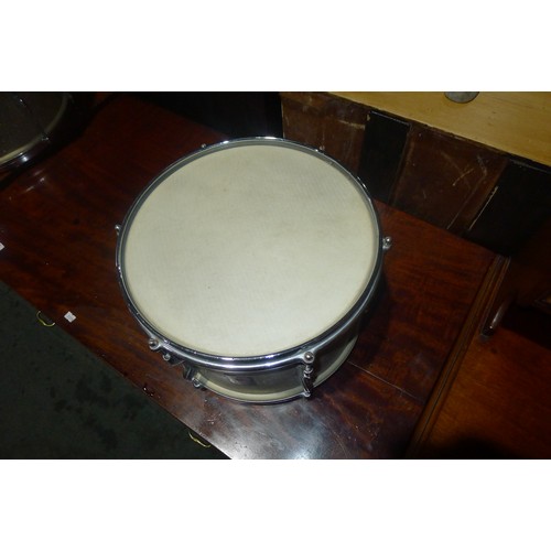 3090 - A partial drum kit with bass drum, three smaller drums, cymbals, stands and stool etc