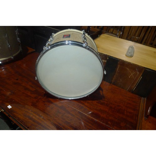 3090 - A partial drum kit with bass drum, three smaller drums, cymbals, stands and stool etc