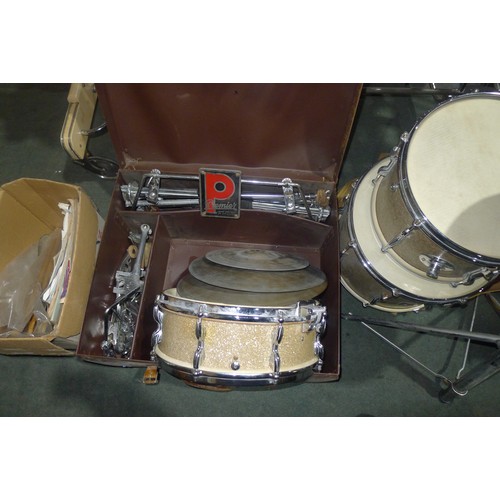 3090 - A partial drum kit with bass drum, three smaller drums, cymbals, stands and stool etc