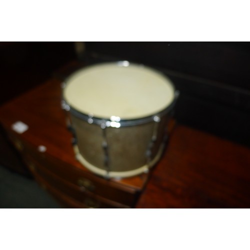 3090 - A partial drum kit with bass drum, three smaller drums, cymbals, stands and stool etc