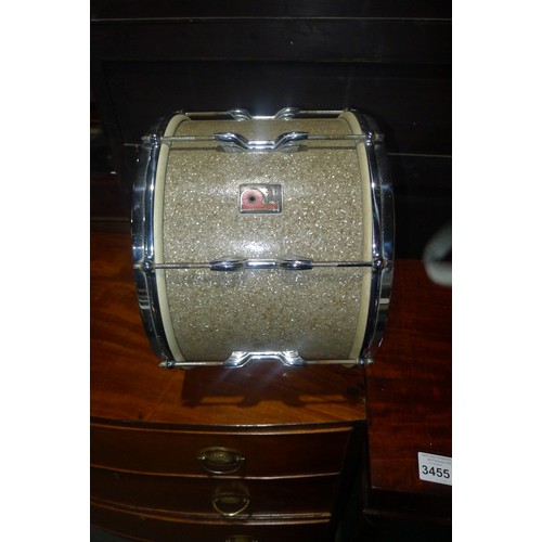 3090 - A partial drum kit with bass drum, three smaller drums, cymbals, stands and stool etc