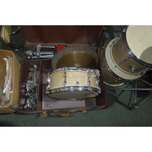 3090 - A partial drum kit with bass drum, three smaller drums, cymbals, stands and stool etc