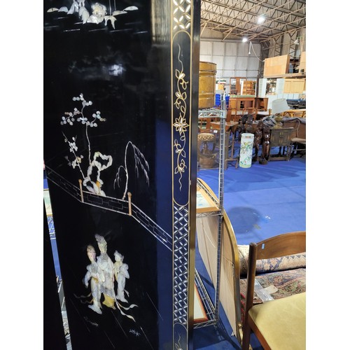 3462 - A Japanese lacquered 4-fold draught screen with figured mother-of-pearl decoration