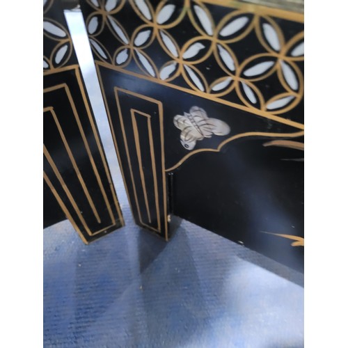 3462 - A Japanese lacquered 4-fold draught screen with figured mother-of-pearl decoration