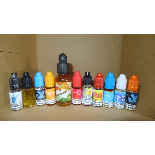 2077 - A quantity of various vape juice in small bottles. Contents of 1 shelf