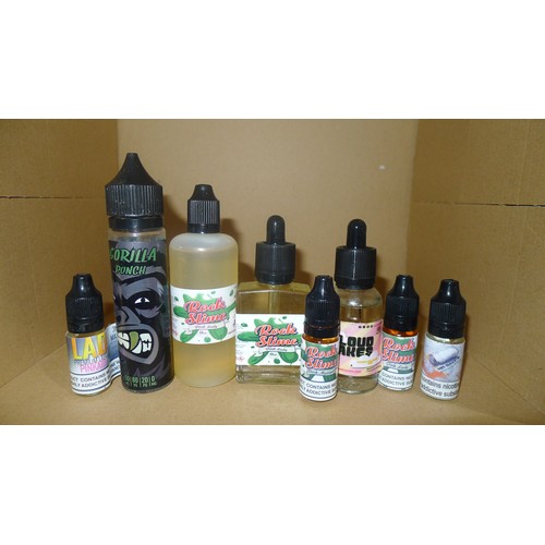 2079 - A quantity of various vape juice in small bottles. Contents of 8 plastic containers