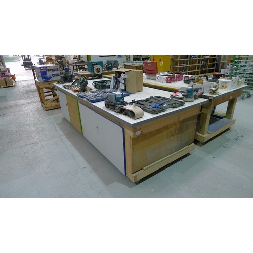 83 - 1 wooden work bench on wheels with two cupboards below approx 305 x 122cm