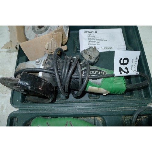 92 - 1 Hitachi jigsaw type CJ110MV, 240v, and 1 Hitachi angle grinder type G12SR3, 240v with several disk... 