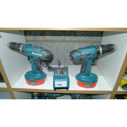 104 - 2 Makita cordless drills type 8391D with 2 batteries and 1 charger