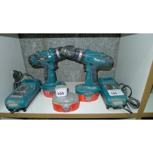 105 - 2 Makita cordless drills type 8391D with 3 batteries and 2 chargers