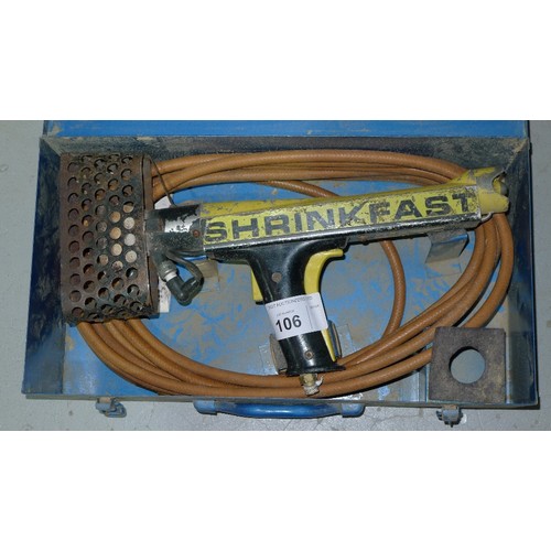 106 - A Shrinkfast propane gas heat gun in a blue metal case for heat shrinking pallet wrap etc