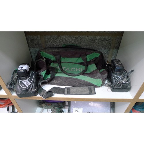 107 - 2 Hitachi cordless compact drill drivers type DB10DL with 4 batteries, 2 chargers and a Hitachi bag