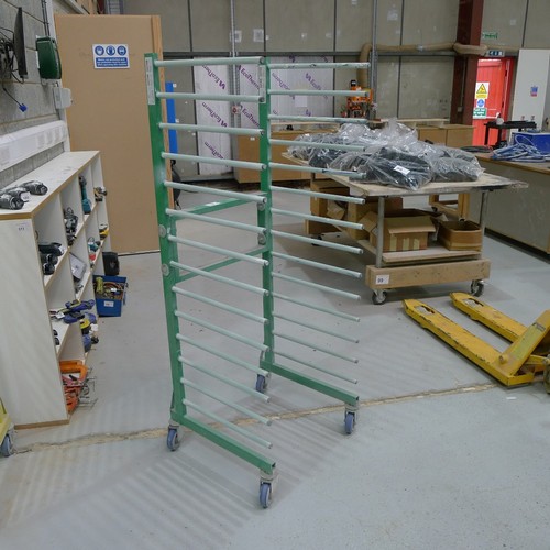 117 - 2 green drying racks on wheels by Gibbs Sandtech - one rack approx 33cm wide and one rack approx 62c... 