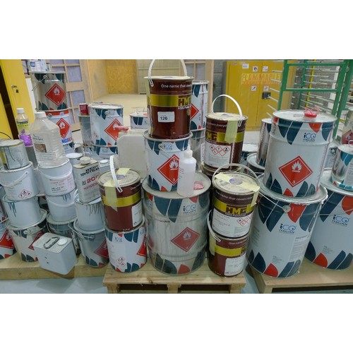 120 - 3 pallets containing a quantity of various cans of paint and coatings. Not practical to list in deta... 