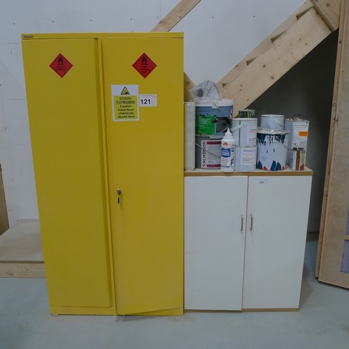 121 - A yellow metal two door COSHH cabinet approx 91 x 47 x 181cm high, 1 other two door cabinet and a qu... 