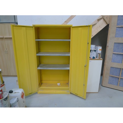 121 - A yellow metal two door COSHH cabinet approx 91 x 47 x 181cm high, 1 other two door cabinet and a qu... 