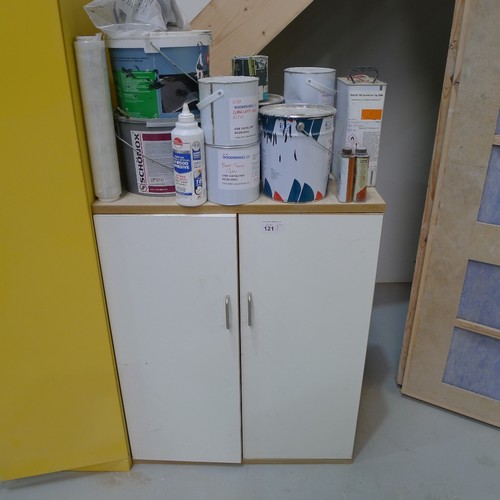 121 - A yellow metal two door COSHH cabinet approx 91 x 47 x 181cm high, 1 other two door cabinet and a qu... 