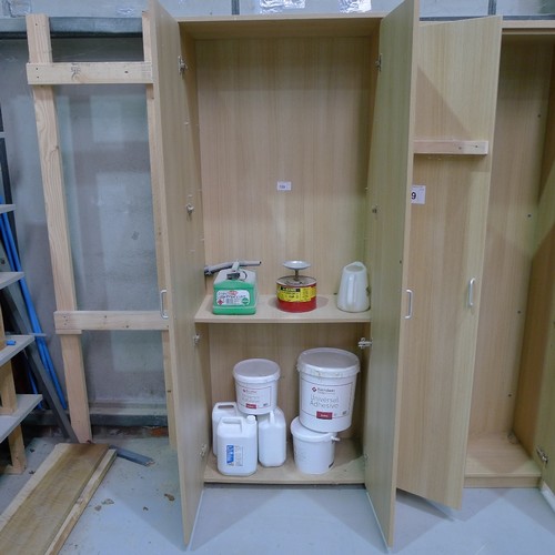 129 - 2 wood effect two door storage cabinets each approx 80 x 40 x 200cm high, one of which contains vari... 