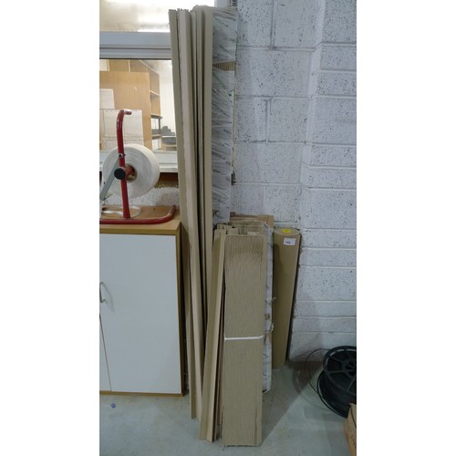 142 - 2 storage cabinets and a three drawer pedestal containing a quantity of various packaging type mater... 