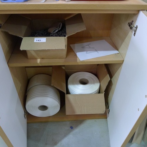 142 - 2 storage cabinets and a three drawer pedestal containing a quantity of various packaging type mater... 