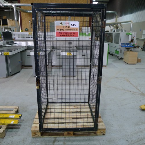 145 - A black metal mesh gas bottle cage approx 90 x 90 x 181 cm high