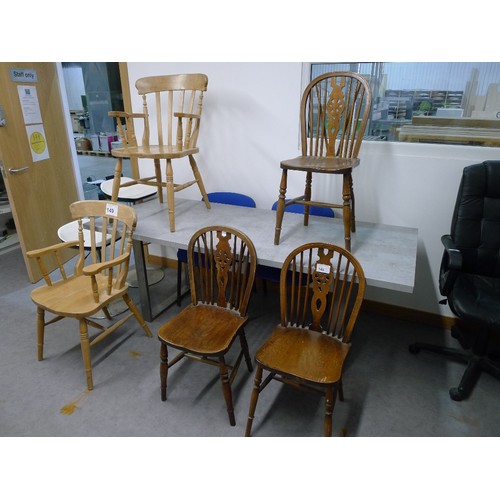 149 - 1 grey canteen type table approx 203 x 83cm, 2 light wood chairs with arms, 3 dark wood wheel back c... 