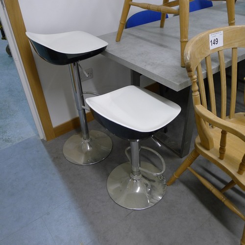 149 - 1 grey canteen type table approx 203 x 83cm, 2 light wood chairs with arms, 3 dark wood wheel back c... 