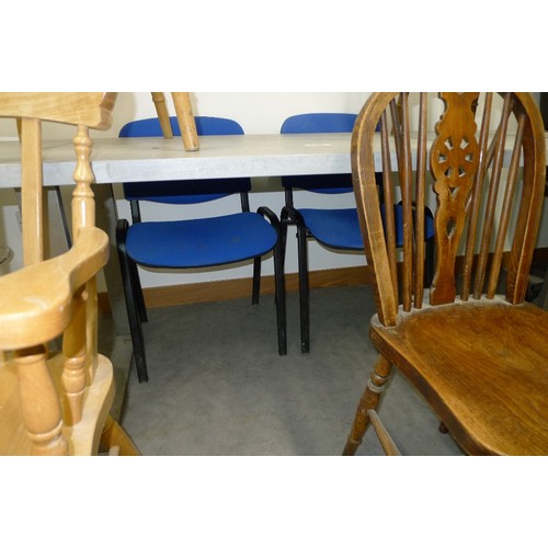 149 - 1 grey canteen type table approx 203 x 83cm, 2 light wood chairs with arms, 3 dark wood wheel back c... 