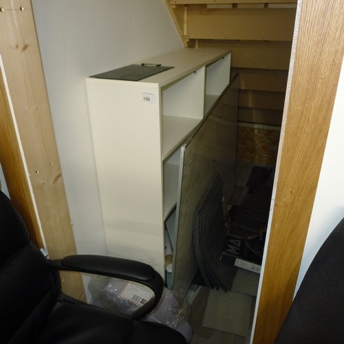 150 - 4 various black upholstered office swivel chairs, a white shelf unit and a dry wipe board etc (in op... 