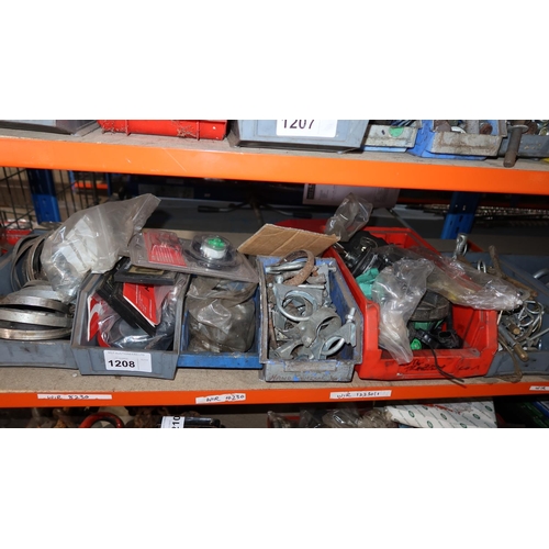 1208 - A quantity of plastic Lin type storage bins containing various auto related items including exhaust ... 