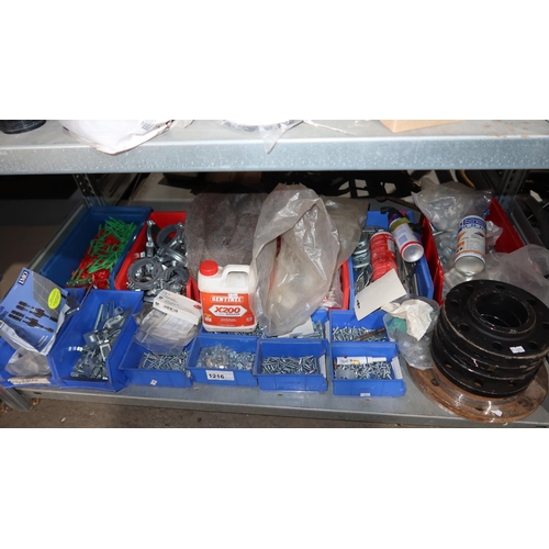 1216 - A quantity of Lin type plastic storage bins containing a quantity of various plumbing related and ot... 