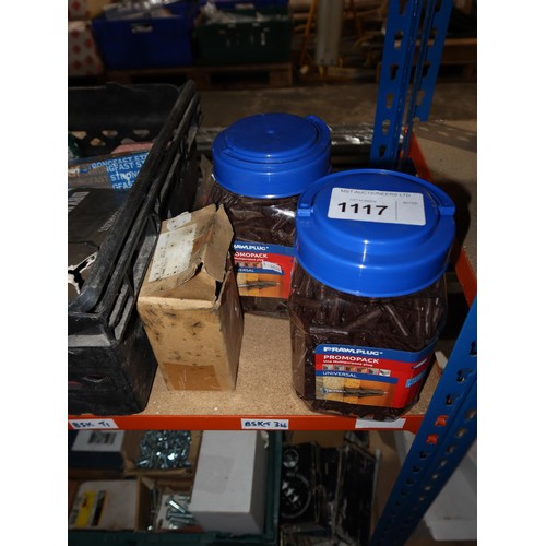 1117 - A quantity of various screws, bolts etc. Contents of 2 shelves and the two plastic crates are not in... 