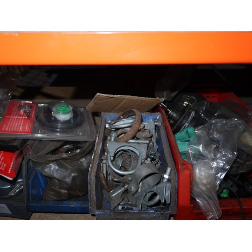 1208 - A quantity of plastic Lin type storage bins containing various auto related items including exhaust ... 